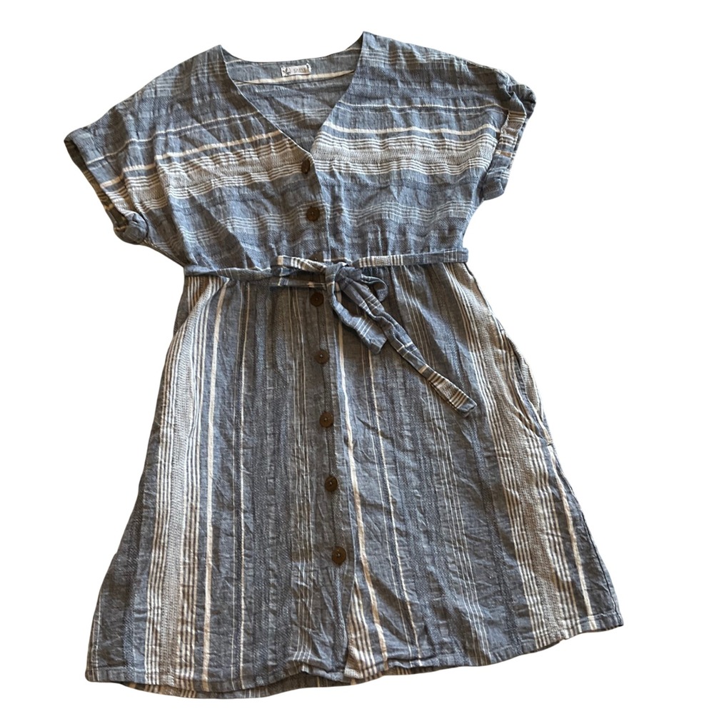 Carve Designs Shirt Dress Women XL Blue Striped Linen Blend‎ Button Front Tie